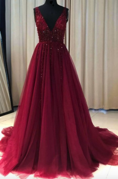 Donna Bridal večerní, krásné a sexy společenské šaty s rozparkem a výstřihem do V kód 439 - Červená tmavá