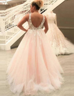 Donna Bridal nádherné plesové krajkové šaty s květy v 3D s bohatou sukní kód 435 - Růžová světlá