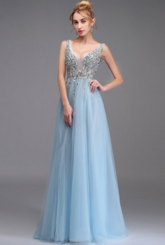 Donna Bridal večerní, krásné a sexy společenské šaty s rozparkem a výstřihem do V Modrá nebeská Velikost 32 kód 363