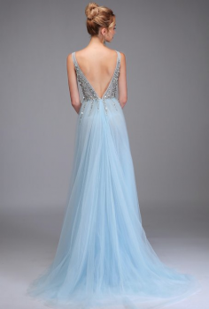 Donna Bridal večerní, krásné a sexy společenské šaty s rozparkem a výstřihem do V Modrá nebeská Velikost 32 kód 363