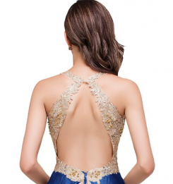 Donna Bridal večerní a společenské šaty s krajkovým živůtkem a perličkami kód 476 - Modrá královská