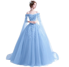 Donna Bridal originální společenské šaty s dlouhými rukávy cca 2,25 m dlouhé + SPODNICE ZDARMA kód 264 - Modrá nebeská