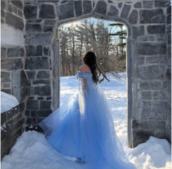 Donna Bridal originální společenské šaty s dlouhými rukávy cca 2,25 m dlouhé + SPODNICE ZDARMA kód 264 - Modrá nebeská