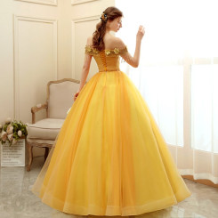 Donna Bridal princeznovské plesové šaty s odhalenými rameny a krajkou sukní Zlatá 30 kód 261