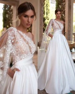 Donna Bridal Luxusní svatební šaty na jedno rameno s dlouhým rukávem - originální design kód 529