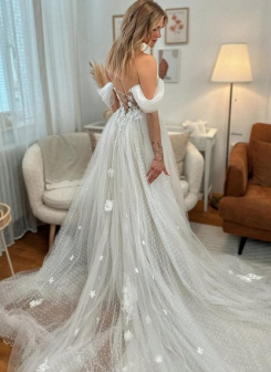 Donna Bridal romantické květinovo puntíkové svatební šaty s rozparkem kód 524 - Ivory