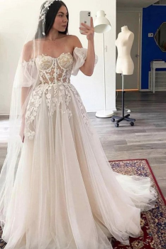 Donna Bridal svatební šaty A-linie na míru – korzet s 3D květinovými aplikacemi, tylová sukně, šněrování a lucernové rukávy kód 564