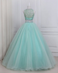 Donna Bridal dvoudílné společenské šaty, živůtek s pajetkami a korálky kód 276 - Mentolová