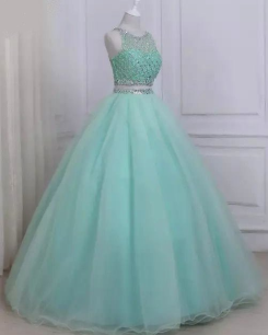 Donna Bridal dvoudílné společenské šaty, živůtek s pajetkami a korálky kód 276 - Mentolová