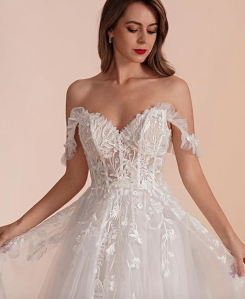 Donna Bridal svatební šaty áčkové – krajkové, srdíčkový výstřih, odhalená ramena, ivory, vlečka Bílá Velikost 32 kód 566