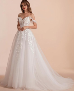 Donna Bridal svatební šaty áčkové – krajkové, srdíčkový výstřih, odhalená ramena, ivory, vlečka Bílá Velikost 32 kód 566