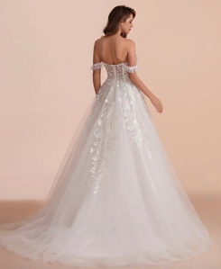 Donna Bridal svatební šaty áčkové – krajkové, srdíčkový výstřih, odhalená ramena, ivory, vlečka Bílá Velikost 32 kód 566