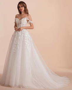 Donna Bridal svatební šaty áčkové – krajkové, srdíčkový výstřih, odhalená ramena, ivory, vlečka kód 566 - Bílá