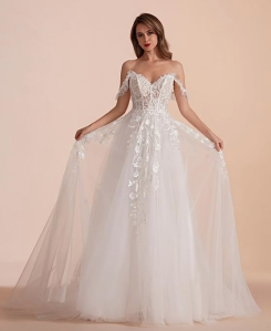 Donna Bridal svatební šaty áčkové – krajkové, srdíčkový výstřih, odhalená ramena, ivory, vlečka kód 566 - Bílá