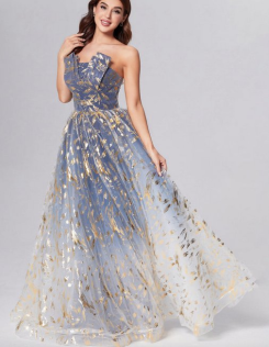 Donna Bridal společenské šaty princeznovského střihu v modré se zlatým potiskem kód 567