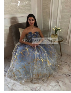 Donna Bridal společenské šaty princeznovského střihu v modré se zlatým potiskem kód 567 - Mix barev - stejná jako na fotografii