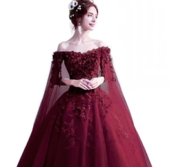 Donna Bridal originální společenské šaty s dlouhými rukávy cca 2,25 m dlouhé + SPODNICE ZDARMA kód 264 - Bordó