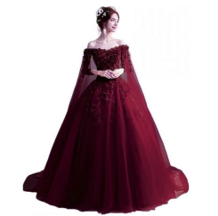 Donna Bridal originální společenské šaty s dlouhými rukávy cca 2,25 m dlouhé + SPODNICE ZDARMA kód 264 - Bordó