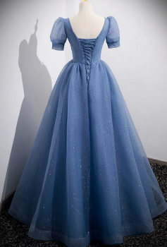 Donna Bridal plesové šaty – elegantní třpytivé šaty s květinovým zdobením a nadýchanými rukávky kód 570 - Modrá