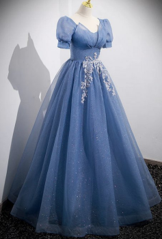 Donna Bridal plesové šaty – elegantní třpytivé šaty s květinovým zdobením a nadýchanými rukávky kód 570 - Modrá