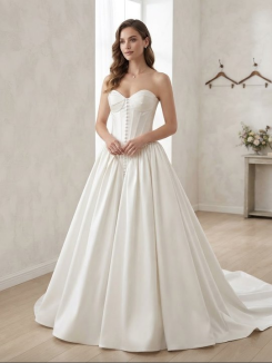Donna Bridal saténové svatební šaty A-linie – korzetové, se srdíčkovým výstřihem, knoflíčky přes celý živůtek, šněrováním a dlouhou vlečkou kód 604