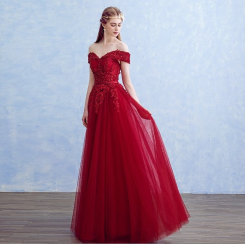 Donna Bridal společenské šaty s odhalenými rameny a dlouhou tylovou sukní kód 249 - Červená tmavá