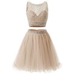 Donna Bridal dvoudílné koktejlové šaty, živůtek s pajetkami a korálky kód 281 - Šampaň