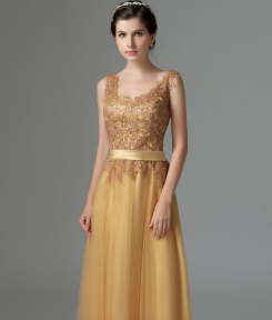 Donna Bridal večerní šaty s krajkovým živůtkem kód 335 - Zlatá