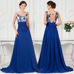 Modrá královská Donna Bridal elegantní šaty na ples s květovaným živůtkem a s oválným zadním výstřihem kód 233 - Modrá královská