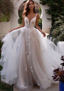 Donna Bridal svatební krajkové šaty s hlubokým výstřihem a s 3D květinami kód 374 - Bílá